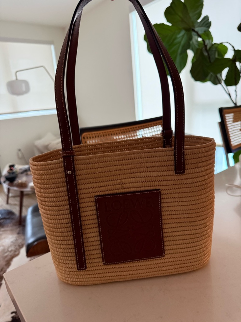 Loewe Natural Straw Tote with Brown Leather Trim - Picture 2 of 14